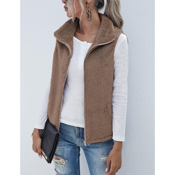 Women's Brown Sherpa Fleece Jacket Lightweight Vest Cozy Sleeveless Cardigan - Picture 3 of 6